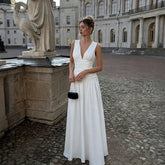 White deep V-neck ruched waist maxi dress