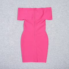 Pink off-shoulder dress on a gray background