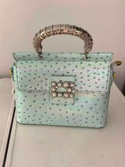 Embellished Ostrich Embossed Top Handle Bag