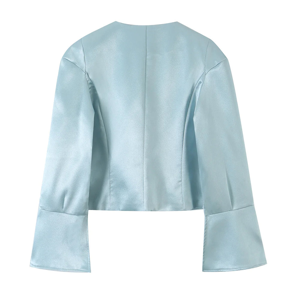 Light blue satin v-neck blazer back view