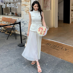 White Bow Pocket Tweed Chiffon Long Dress