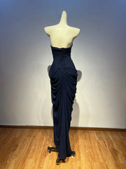Strapless Lace Up Draped Slit Maxi Dress