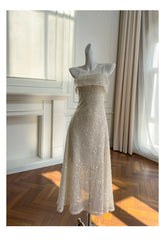 Sequin spaghetti strap midi dress detail