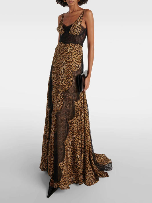Leopard print lace maxi dress with V-neckline and spaghetti straps.