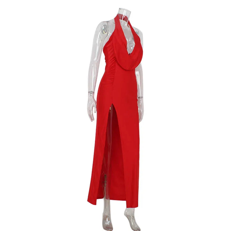 Red evening gown with white accents on a mannequin against a white background