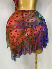 Sheer Rainbow Crystal One Shoulder Cut Out Mini Dress
