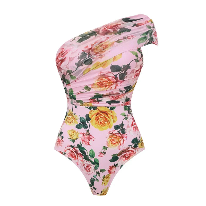 Floral print one-shoulder one-piece swimsuit in a close-up view