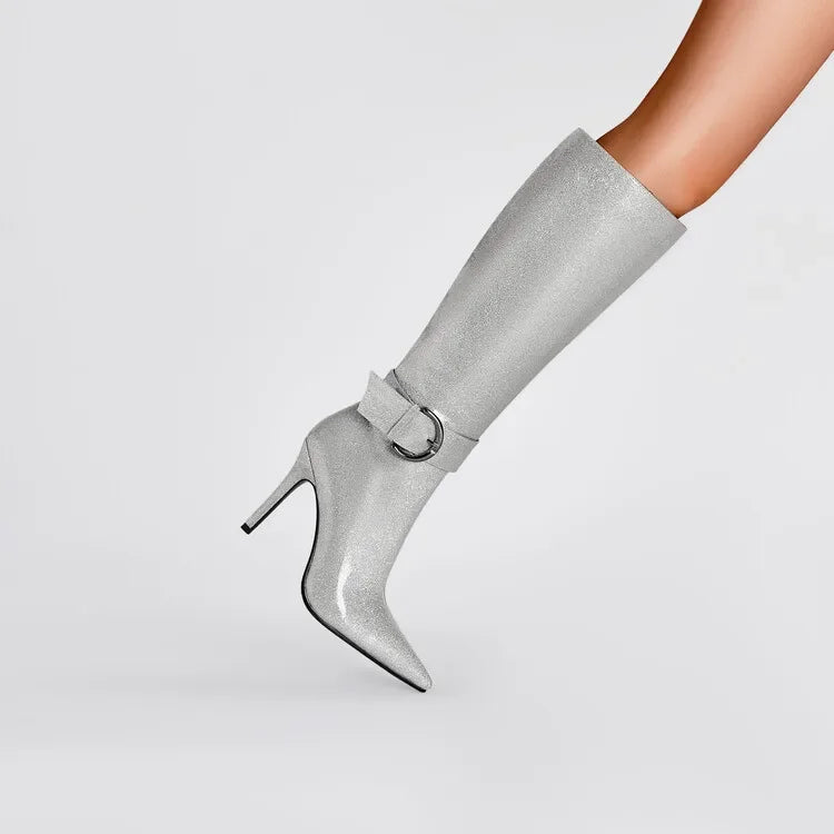 Gray knee-high boot with a buckle on a light gray background