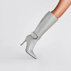 Gray knee-high boot with a buckle on a light gray background