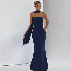 Strapless Maxi Dress with Sculpted Scarf Collar