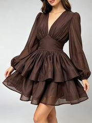 V-Neck Puff Sleeve Tiered Mini Dress
