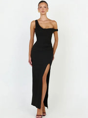 Model wearing a black one shoulder maxi dress