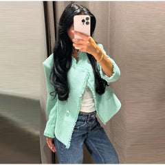 Textured Cropped Fringed Collar Jacket