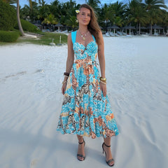 Print halter neck one-piece swimsuit and tiered maxi skirt
