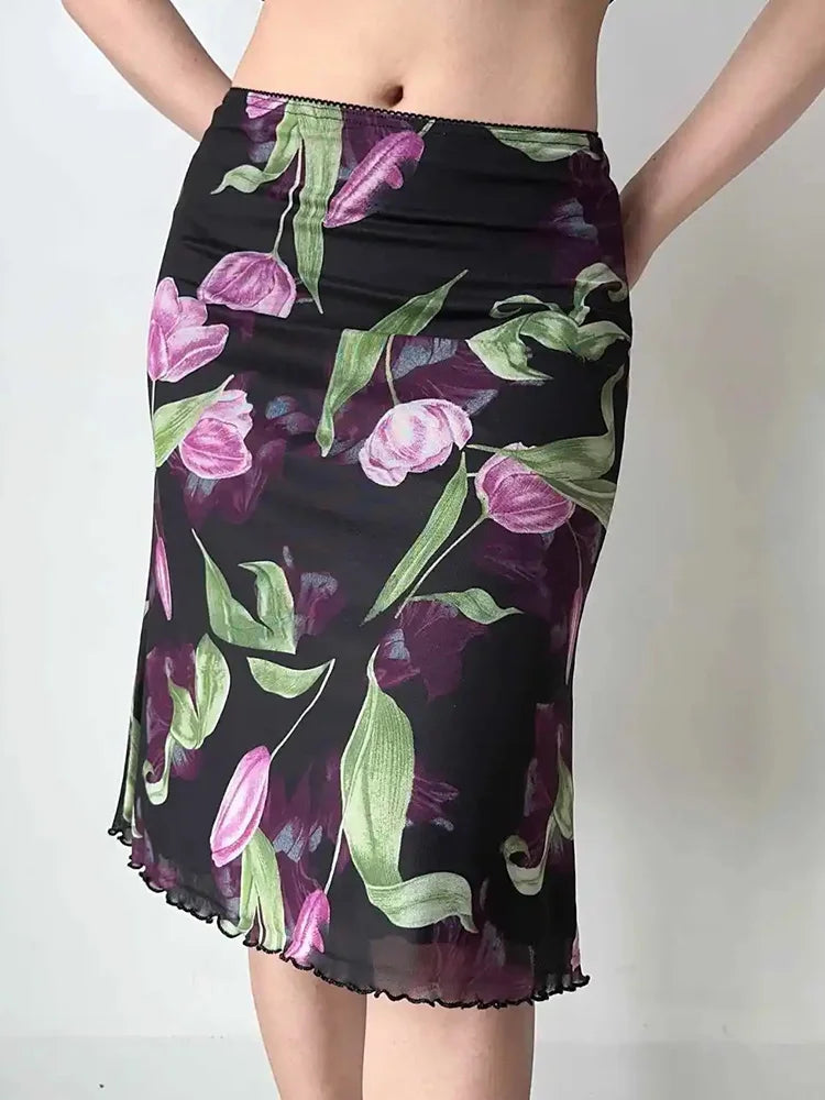 Floral print mesh midi skirt
