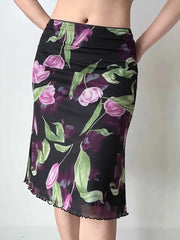Floral print mesh midi skirt