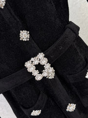 Round Neck Long Sleeve Diamond Button Lace Trim Mini Dress