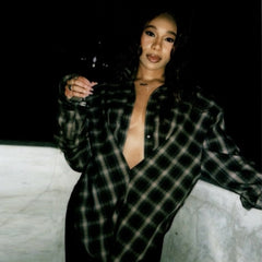 Plaid Draped Open-Neck Long Sleeve Crop Shirt