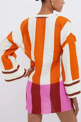Striped V-Neck Mini Dress with Contrast Trim and Bell Sleeves