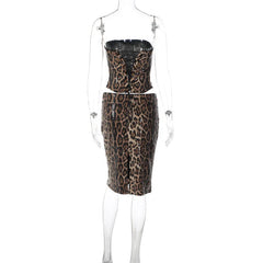 Sparkle Leopard Print Strapless Top And Midi Skirt Matching Set