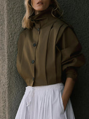 Short Trench Stand Collar Pleated Windbreaker Coat