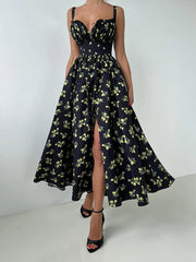 Black floral dress with a high slit on a white background