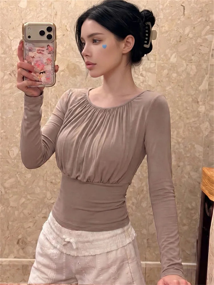 Ruched neck long sleeve top in taupe