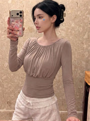 Ruched neck long sleeve top in taupe