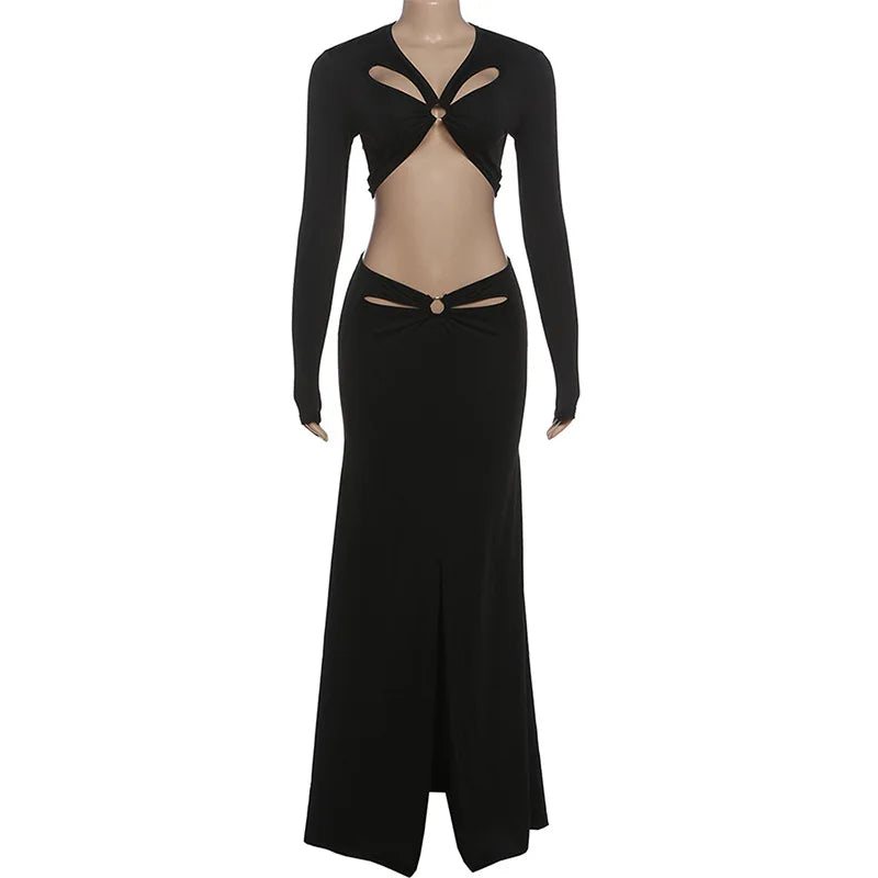 Black dress with cut-out design on a white background