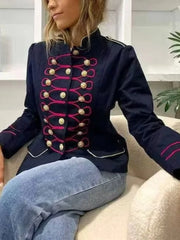 Model wearing a navy blue military-style jacket