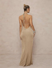 Velvet Plunging Halter Drape Gown