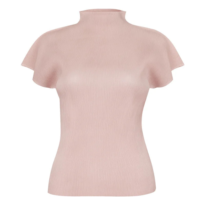 Pink ribbed turtleneck sweater on a white background
