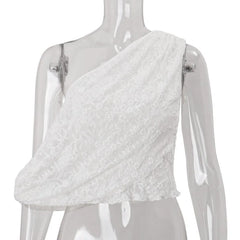 White one-shoulder textured top on a mannequin against a white background
