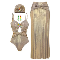 V-Neck Ruched Cut-Out Halter One-Piece Swimsuit and Maxi Skirt Set