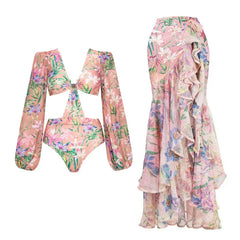 Pink floral print one-piece swimsuit with bell sleeves and ruffled maxi skirt