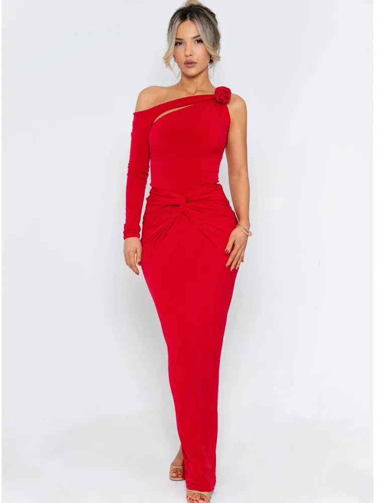 Woman wearing a red one-shoulder dress on a white background