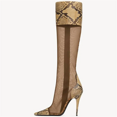Snake print mesh stiletto knee-high boot