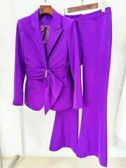 Purple belted blazer and flared trousers suit hanging front view