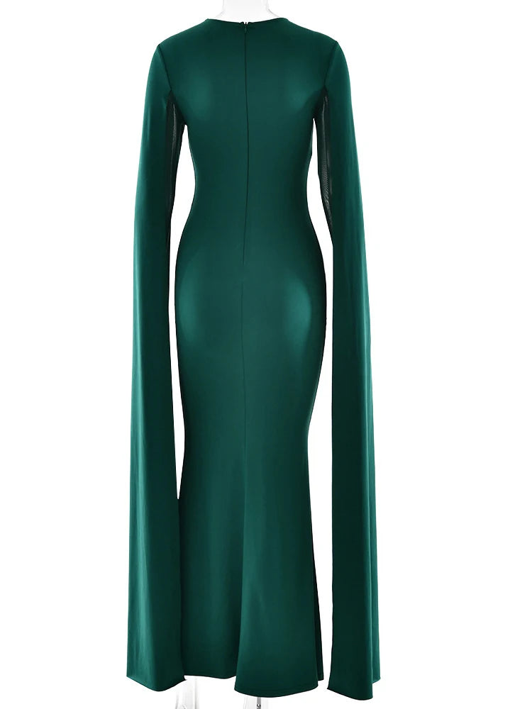 Green evening gown with long sleeves
