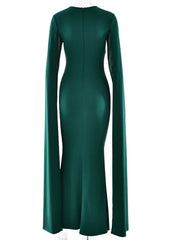 Green evening gown with long sleeves
