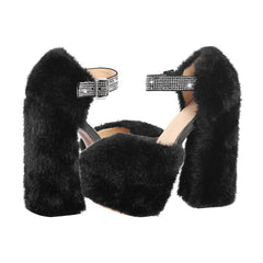 Faux fur platform sandals with embellished ankle strap