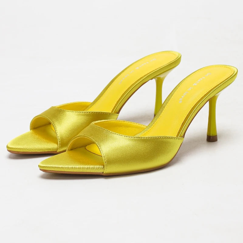 Yellow satin pointed toe stiletto mules