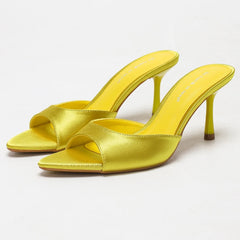 Yellow satin pointed toe stiletto mules