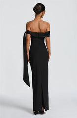 Black off-shoulder gown on a model