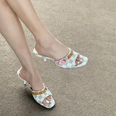 Open Toe Checkered Floral Heeled Slippers