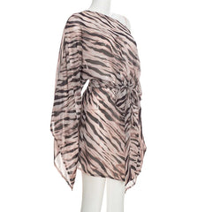 One Shoulder Zebra Print Mesh Mini Dress