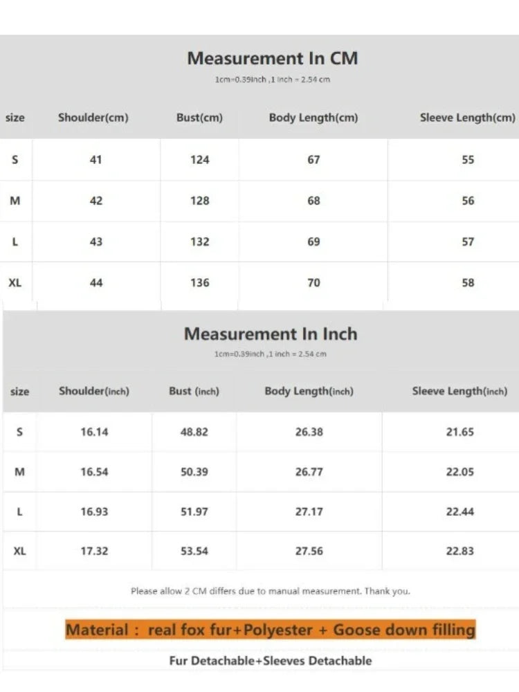 Measurement chart for clothing sizes in centimeters and inches with fur and goose down filling details.