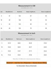 Measurement chart for clothing sizes in centimeters and inches with fur and goose down filling details.