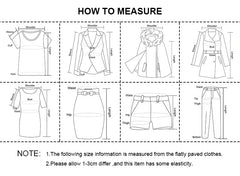 Measurement chart for clothing with labeled parts and instructions.