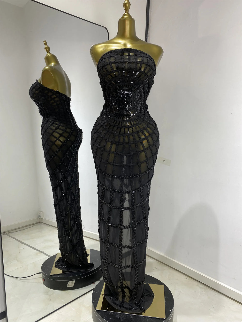 Black sequined mesh strapless floor-length dress
